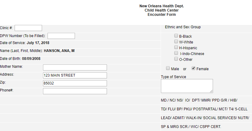 Example Encounter Form for Louisiana